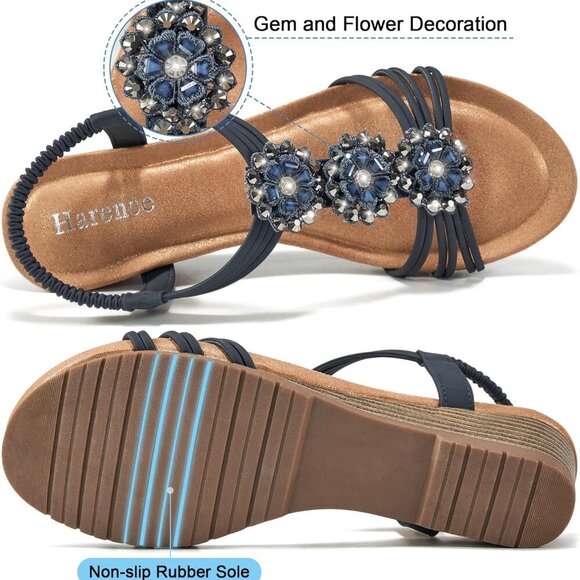 Women’s Wedge Sandals Faux Leather Open Toe Floral Rhinestone Summer Shoes - Picture 3 of 7